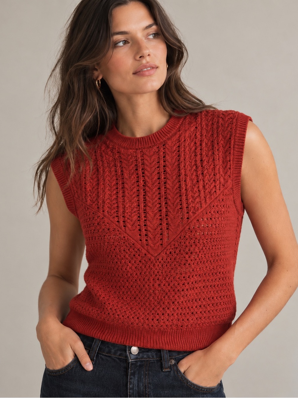Free People Rust Red Textured Knit Sweater Vest Cable Knit - Small